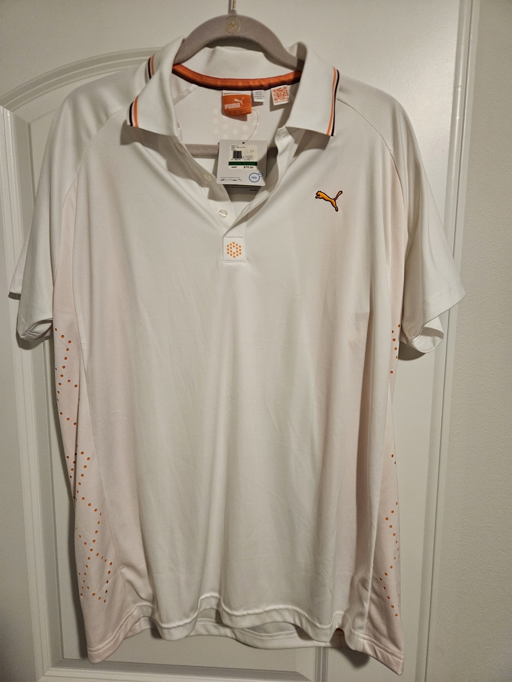 New With Tags Puma Cell Men’s White Polo Shirt with Orange Trim Size Large